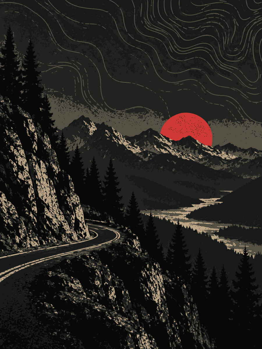 A mountain road curving toward a red sunset, the scene from The Last Mile label
