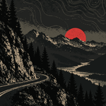 A mountain road curving toward a red sunset, the scene from The Last Mile label