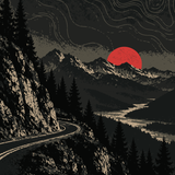 A mountain road curving toward a red sunset, the scene from The Last Mile label